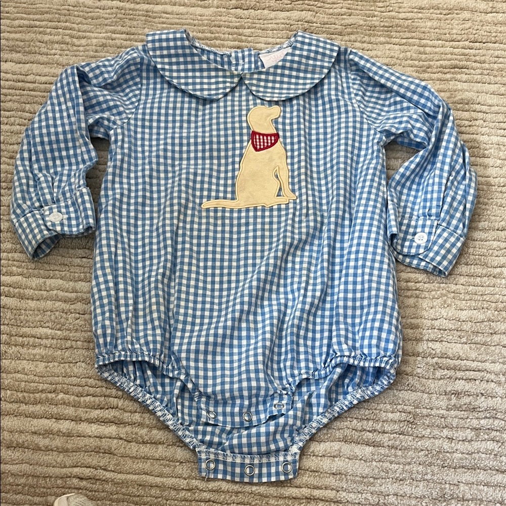 Charming Blue Gingham Baby Bodysuit with Dog Design 2T stitchy Fish